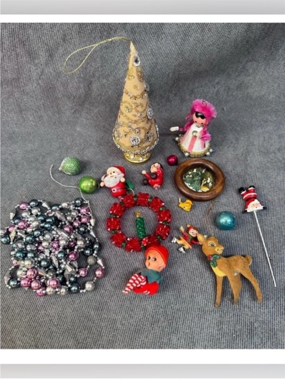 Vintage Christmas elf knee hugger reindeer Santa ornaments lot
